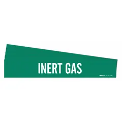 Green adhesive pipe marker with white legend reading 'Inert Gas'. Fits pipe outer diameter 2-1/2 to 7-7/8 inches. Supplied without arrows in a pack of 5. Used to identify pipes carrying inert gases in industrial piping systems.