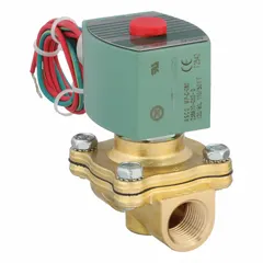 This REDHAT solenoid valve is a 2-way, 2-position normally closed type with a 1/2 in pipe size and 110V AC/120V AC voltage. The watertight coil enclosure allows use in damp or washdown environments. Typical applications include on/off control of liquids or gases in industrial automation, irrigation, and process control systems.
