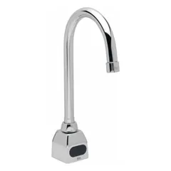 Cast brass and plastic construction with chrome finish. Battery-powered, single-post sensor faucet with aerated flow. Includes single supply hose. Suitable for touch-free hand washing in commercial restrooms and public spaces.