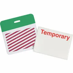 Temporary vinyl clip-on ID badge with white background and red legend. Card height 2 in, width 3 in. Suitable for visitor identification, event access, or temporary credentials. Supplied in a pack of 500.