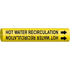 Yellow pipe marker with black legend reading 'Hot Water Recirculation' and directional arrows. Fits pipe outer diameters of 4 to 6 inches. Supplied as a single marker for identifying hot water recirculation lines in piping systems.