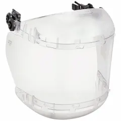 Reusable clear acetate visor assembly designed for hard hats. Polyurethane construction. Compatible with Series 390 and model S36000. Provides impact and splash protection in industrial environments such as machining, material handling, and maintenance.