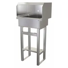 This one-station freestanding hand sink is constructed of 16 ga stainless steel with a 17 in bowl length and 7 in bowl depth. It includes a side splash and one faucet hole. Suitable for commercial and industrial washrooms, kitchens, and clean rooms.