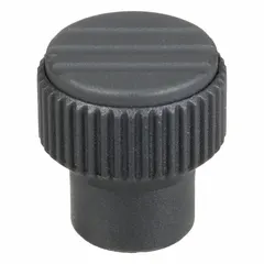 This knurled knob features a gray plastic body with a stainless steel threaded insert. The #8-32 thread and 10 mm thread length allow for manual adjustment and clamping on machinery, fixtures, and industrial equipment. The knurled surface provides a secure grip for frequent hand-tightening applications.