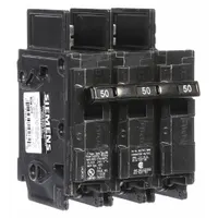 Three-pole bolt-on miniature circuit breaker rated 50 A at 240V AC. Provides overcurrent protection in electrical distribution systems. Suitable for use in panelboards and load centers