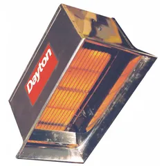 This suspended infrared flat panel gas ceiling heater is designed for indoor use with natural gas. It has a 30,000 BtuH heating capacity input and requires a minimum mounting height of 9 to 10 ft, providing floor coverage of 10 ft x 10 ft. The unit measures 22-1/2 in x 12-3/4 in x 15-1/4 in (H x W x D) and has clearance to combustibles of 28 in top, 72 in below, and 30 in sides. Typical applications include heating in commercial or industrial spaces such as warehouses, workshops, and factories.