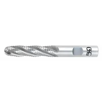 This OSG roughing end mill is made from cobalt high-speed steel, providing heat resistance for aggressive material removal. It features 4 flutes, a 1-inch mill diameter, 4-inch length of cut, and 6-1/2-inch overall length. Suitable for general-purpose roughing operations on steel, stainless steel, and cast iron in industrial machining applications