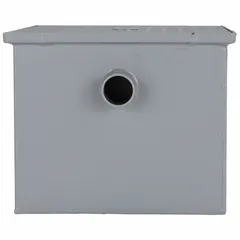 Steel grease interceptor with integral trap, 15 gpm flow rate, and 16 3/4 in overall width. Secured no hub design. Used in commercial kitchens to separate fats, oils, and grease from wastewater.