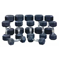This dumbbell set includes pairs of 5 lb, 10 lb, 15 lb, 20 lb, 25 lb, and 30 lb weights. The handles are made of steel, and the set is finished in black. Suitable for strength training and progressive resistance exercises in commercial gyms, home fitness studios, and athletic facilities.