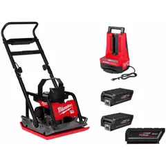 This battery-powered plate compactor delivers a compacting force of 3.8 lbf. It features a 22-inch plate length and 20-inch plate width, powered by a 12 Ah battery. No water tank is included. Suitable for compacting soil, gravel, and asphalt in construction and landscaping applications.