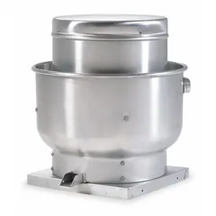 This Dayton upblast ventilator is a direct-drive kitchen exhaust fan with an 18 1/2 in wheel, delivering 3,778 cfm. It includes a drive package and features an open dripproof, high-efficiency motor rated at 1 hp, 1-phase. The unit operates on 115/208 to 230, 277V AC with variable speeds and is assembled with a square base. Suitable for low-static-pressure applications such as commercial kitchen ventilation.