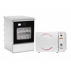 General purpose autoclave for steam sterilization of laboratory glassware, media, and instruments. Features a maximum temperature of 140°C with temperature accuracy of -1°C/3°C. Operates on 220-240V. Overall dimensions: 28 1/4 in wide by 30 1/8 in deep. Bundle includes 3850ELP Autoclave and 165UC Glassware Washer.