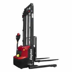 Hydraulic-powered straddle stacker with 2600 lb capacity and 114 in maximum lifting height. Features adjustable forks 42 in long by 3 15/16 in wide, with width across forks adjustable from 10 in to 31-1/2 in. Suitable for lifting and moving palletized loads in warehouses and manufacturing facilities.
