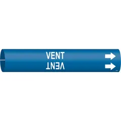 Blue snap-on pipe marker with white 'Vent' legend and directional arrows. Fits pipe outer diameters from 3/4 to 1-3/8 inches. Used to identify vent pipes in industrial piping systems for clear visual indication of line contents.