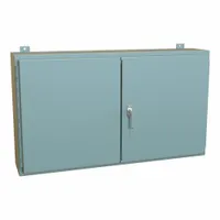Steel enclosure rated NEMA 12 for protection against dust, dirt, and non-corrosive liquids. Measures 24 x 42 x 8 inches with a solid hinged cover secured by a handle latch. Includes a mounting panel; knockouts are not provided. Suitable for housing electrical controls and instruments in industrial environments