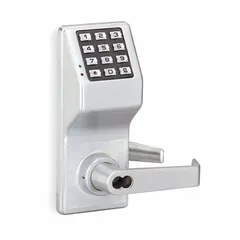 Keypad-operated electronic lockset with clutch lever style for commercial or institutional doors. Chrome finish, ADA compliant. Key override via standard core or interchangeable core.
