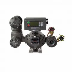 Positive displacement flowmeter for fuel transfer pumps. Anodized aluminum housing, LED display, measures in gallons, accuracy +/-0.5%. Suitable for diesel, gasoline, and other petroleum products in industrial and commercial fueling applications.