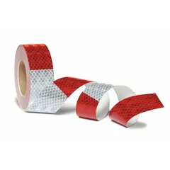 Red/white reflective tape with acrylic adhesive, 2 inches wide and 50 yards long. Designed for marking trucks and trailers to enhance visibility on roads. Suitable for commercial fleet conspicuity applications.
