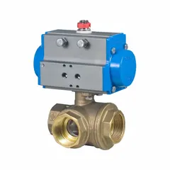 This L-port brass pneumatically-actuated ball valve is a three-way, two-piece design with 3/4 in FNPT connections. It is used for diverting or mixing flow in piping systems handling water, air, or non-aggressive media. The valve is operated by a 24V DC pilot solenoid.