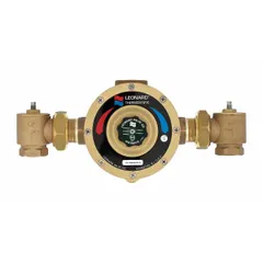 This thermostatic mixing valve is designed for point-of-source water temperature control in commercial and industrial plumbing systems. It blends hot and cold water to deliver a consistent outlet temperature. The valve features 1 1/4 in NPT x NPT connections, a copper body, and includes strainers.