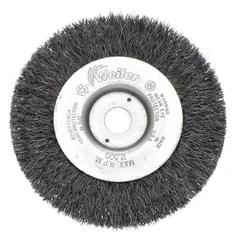 Crimped steel wire wheel brush for light cleaning of carbon steel surfaces. Removes rust, scale, and light burrs without damaging base material. Common applications include weld cleaning, surface preparation, and general maintenance in metal fabrication and industrial settings. Fill diameter: 0.014 in; arbor: 2 in.
