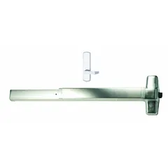 Rim-type exit device with touchbar style for doors up to 4 ft wide. Chrome finish with dummy pull outside trim. ADA compliant for accessible egress in commercial applications.