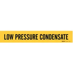 Yellow adhesive pipe marker with black legend reading 'Low Pressure Condensate', without arrows. Fits pipe outer diameters from 2-1/2 to 7-7/8 inches. Used to identify low pressure condensate lines in industrial piping systems.