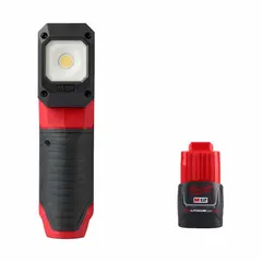 12V DC work light delivering up to 1,000 lumens with three lighting modes. Compact design with a maximum height of 2 1/2 inches. Includes one M12 battery (model 48-11-2420) but no charger. Suitable for portable illumination on job sites, in tight spaces, and for maintenance tasks.
