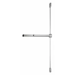 Aluminum surface vertical rod exit device with touchbar for doors up to 3 ft wide. Provides push-pad actuation for emergency egress in commercial and institutional settings. Suitable for life-safety applications requiring reliable door opening.