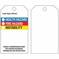 Rectangular polyester safety tag with self-laminating design for durable identification. Each tag measures 5 3/4 in height, 3 in width, and 0.01 in thickness. Includes 25 nylon ties. White color. Sold in a 25-pack. Suitable for labeling equipment, pipes, or safety barriers.
