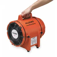 This axial blower and ducting combination unit delivers 900 cfm max flow in free air, powered by a 1/3 hp motor at 115 V AC. It features an 8 in duct diameter and includes a duct storage bag. Typical applications include ventilating confined spaces such as tanks, vaults, and manholes to supply fresh air or exhaust fumes