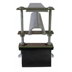 Steel clamp for terminating festoon cable systems on W6 x 9 I-beams. Overall length 10.1 in. Used in industrial crane, hoist, and material-handling applications to secure festoon tracks and prevent cable movement.