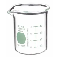 Low form beaker made from Type I borosilicate glass with a green color coding for easy identification. Capacity 50 mL (1.69 fl oz). Suitable for general laboratory mixing, heating, and measuring of liquids.