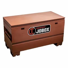 This chest-style jobsite box provides 10.7 cu ft of storage capacity with dimensions of 20 in width, 42 in depth, and 22 in height. It features a padlock hasp for securing contents (lock not included) and a brown finish. Suitable for storing tools and equipment on construction sites, in workshops, or industrial facilities.