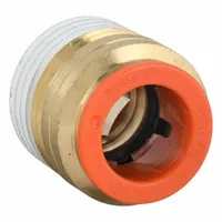 Brass push-to-connect adapter fitting with male NPT threads. Connects 1/2" OD tubing to 1/2" pipe for tool-free assembly in pneumatic systems. White finish
