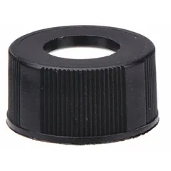 This black polypropylene screw cap features a 9 mm closure size and a PTFE/silicone liner. The hole cap design allows for vented or filtered applications. It is autoclavable and suitable for sealing laboratory or industrial containers.