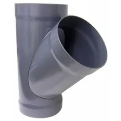PVC wye branch for 16-inch duct diameter with a 45° branch angle and 34 5/8-inch overall length. Used in ventilation and ducting systems to split or combine airflow, suitable for fume exhaust, dust collection, and air-handling applications requiring corrosion resistance.
