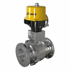 This electrically-actuated ball valve features a CF8M stainless steel two-piece body for corrosion resistance. The 120V actuator includes thermal overload protection. An ISO 5211 actuator mounting pad is provided for standardized installation. Suitable for automated on/off flow control in industrial piping systems handling water, oil, or gas.