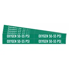 Green adhesive pipe marker with white legend reading 'Oxygen 50-55 PSI'. Designed for pipes with outer diameter from 3/4 to 2-3/8 inches. Each pack contains 4 markers without arrows. Sold in a 5-pack quantity. Used for identifying oxygen lines in industrial piping systems.