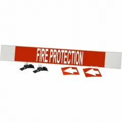 Red fiberglass carrier-mounted pipe marker with white legend reading 'Fire Protection' and directional arrows. Fits pipe outer diameters of 8 inches and larger. Supplied as a single marker for identifying fire protection piping in industrial settings.
