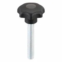 This 7-arm knob with threaded stud is used for manual adjustment or clamping on machinery, jigs, and fixtures. It features a 40 mm diameter plastic body with a steel thread insert, M10 thread, and 60 mm thread length. The multi-arm design provides ergonomic grip for frequent hand-tightening in industrial settings.