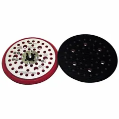 This 6-inch diameter, 3/8-inch thick backing pad features a 5/16"-24 threaded-shank for attachment to compatible sanders. It is designed for use with hook-and-loop sanding discs and includes vacuum holes for dust extraction during sanding operations.