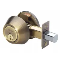 Standard cylindrical deadbolt lock for doors up to 1 3/8 inches thick. Constructed of brass with a bright brass, clear-coated finish. Features a KW1 keyway. Suitable for interior or exterior doors in commercial and industrial settings where basic access control is required