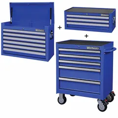 This 14-drawer combo includes a top chest, intermediate chest, and rolling cabinet for organized tool storage. It features a keyed locking system and ball-bearing drawer slides. The blue finish resists wear in workshop environments. Overall dimensions: 26 3/4 in W x 18 in D x 60 3/8 in H.