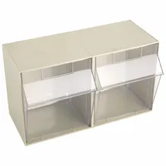 This tip-out bin from AKRO-MILS is designed for organizing small parts in industrial workstations, assembly lines, and maintenance shops. It mounts on frames, panels, rails, or walls, or can be used freestanding. The bin measures 12 3/8 in x 23 5/8 in x 14 in and is beige.