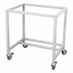This mobile workstation provides a powder-coated steel platform for supporting fume hoods or laboratory equipment. It measures 32 inches wide and 34 inches high, offering a portable workspace suitable for industrial environments.