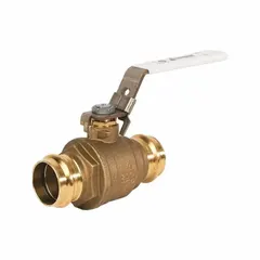 This manual two-way ball valve is constructed of brass with a straight body and full port ball port. It features Press x Press connections and a locking lever handle for tamper-resistant shutoff. Suitable for on/off flow control in plumbing, HVAC, and industrial water systems.
