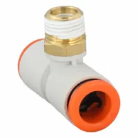 This SMC push-fit tee fitting is made of polybutylene and brass, configured as Tube x Tube x BSPT x NPT. It connects 8 mm OD tubing to a 1/8 in threaded port, creating a T-junction in pneumatic or fluid lines for industrial automation and material handling systems