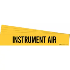 Yellow adhesive pipe marker with black legend reading 'Instrument Air'. Designed for pipes with outer diameter of 8 inches and larger. Each pack contains 5 markers, each without directional arrows. Used to identify instrument air lines in industrial piping systems.