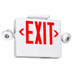 Red LED exit sign with two faces and round side-mount light heads, for ceiling or wall mounting. Operates on 120 V AC with a lithium iron phosphate battery for backup power. Features universal field selectable chevrons. Used for emergency egress illumination in commercial buildings.
